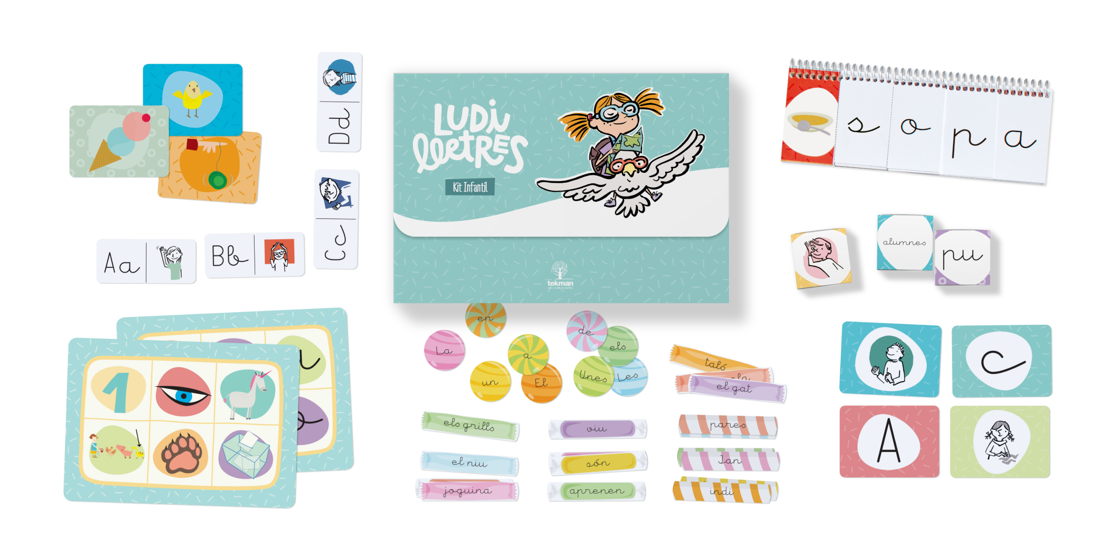 El Kit recula un munt de jobs per practicar de manera manipulativa i lúdica tots les conceptos d’ortografia, gramàtica i vocabulari que es treballen diàriament a les sessions.